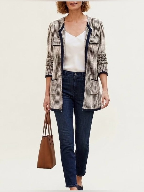 NIC+ZOE Sweaters - NIC+ZOE Open Cardigan Sweater Cream Black Textured Knit Layer Casual Chic Sz M
